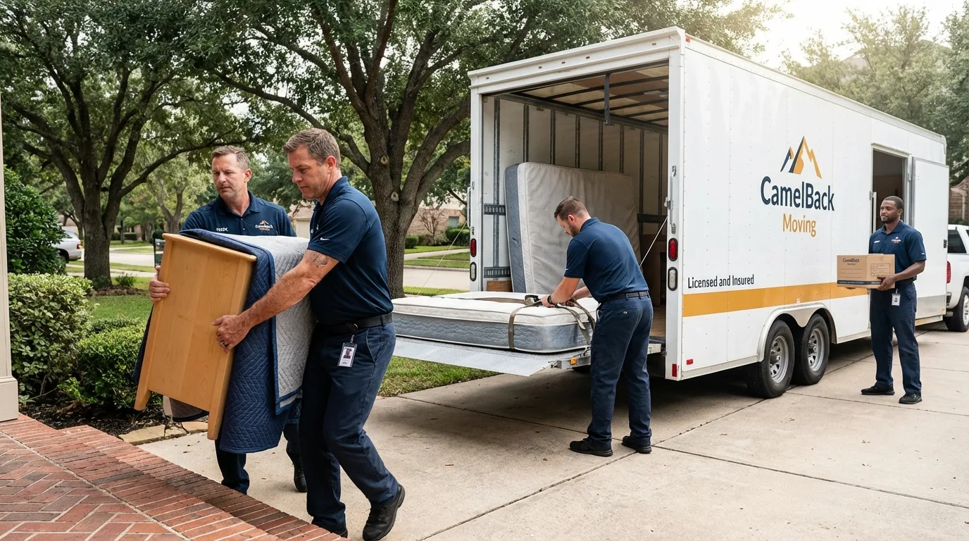 Crew loading residential truck for cross-state move from Dayton, TX