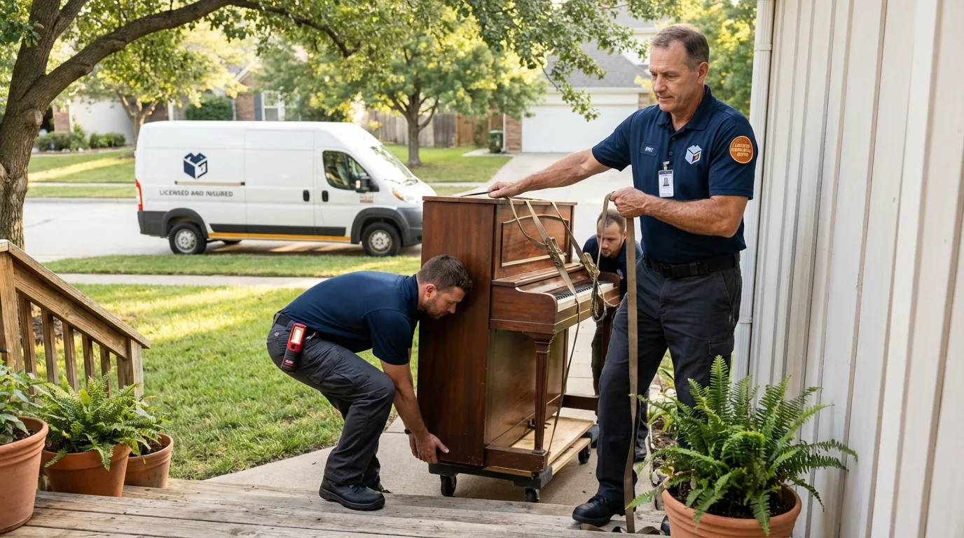 Licensed piano movers securing grand piano in Dayton, TX