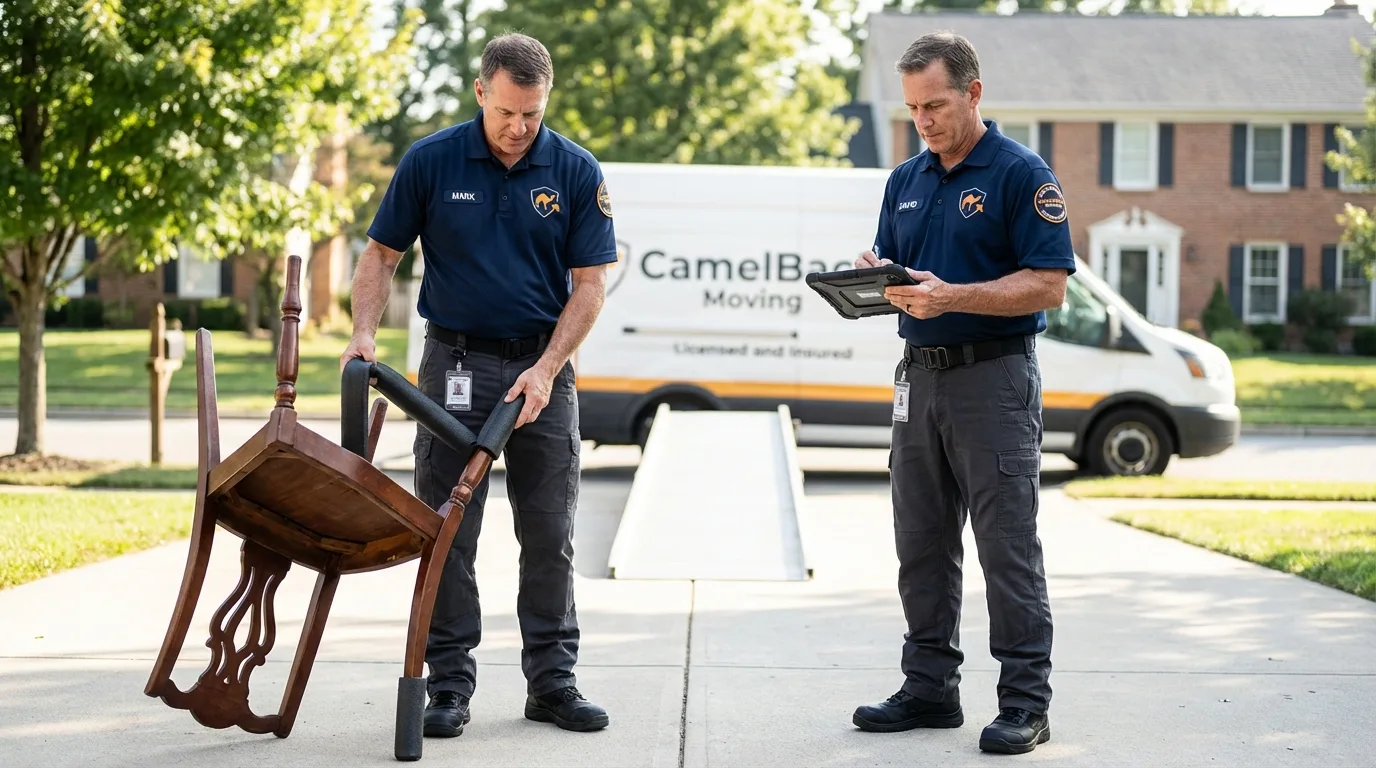 Movers inspecting furniture for damage prevention before loading in Dayton, TX