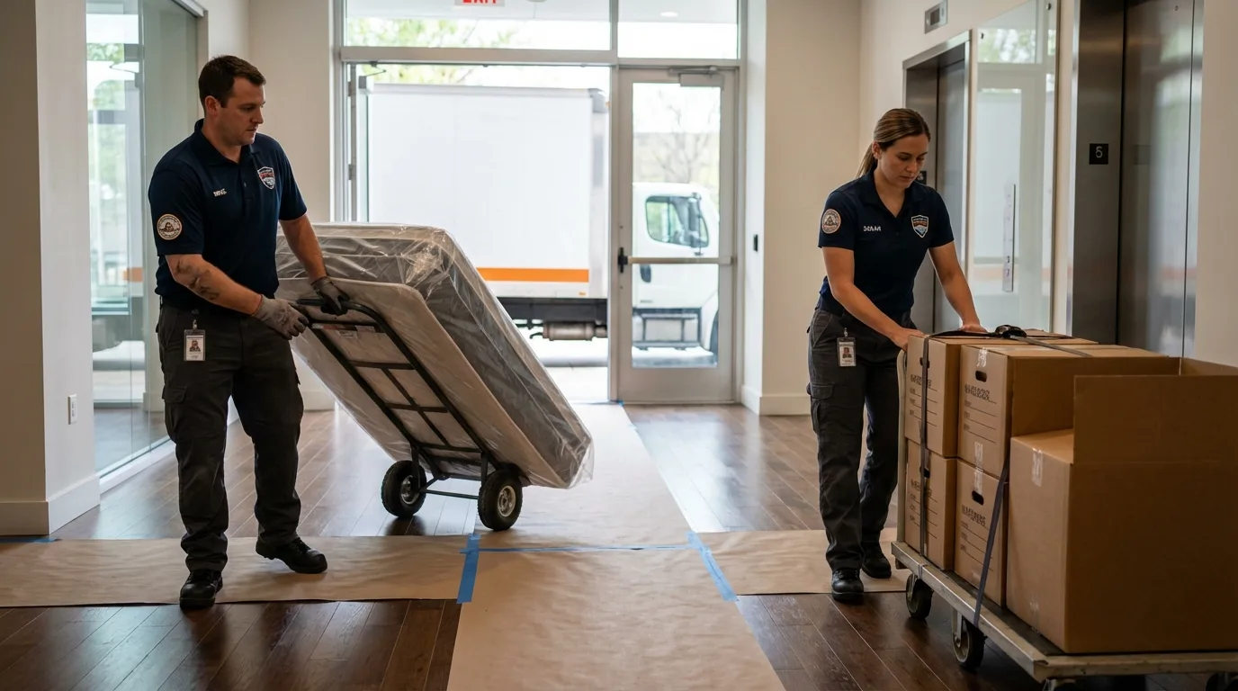 Professional apartment movers loading elevator in Dayton, TX